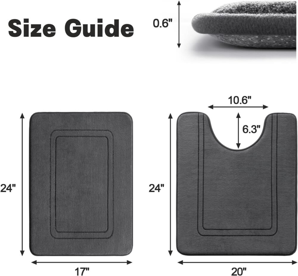 Memory Foam Bath Mat Set, Bathroom Rugs Sets 2 Pieces, Non Slip Bath Mats for Bathroom, Super Soft and Water Absorbent Bath Rug Set, Machine Washable U Shape Toilet Rug,Dark Grey - Image 2
