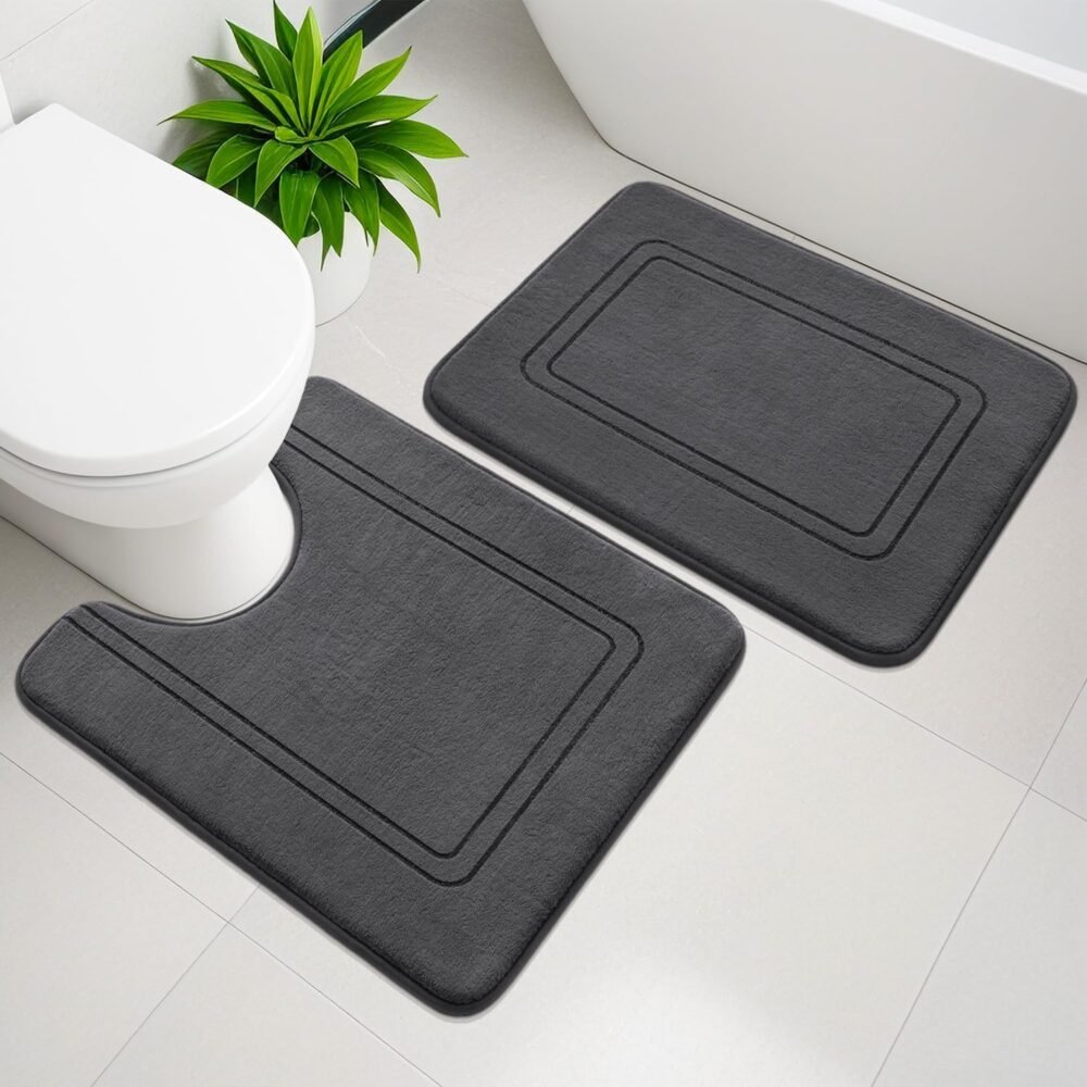 Memory Foam Bath Mat Set, Bathroom Rugs Sets 2 Pieces, Non Slip Bath Mats for Bathroom, Super Soft and Water Absorbent Bath Rug Set, Machine Washable U Shape Toilet Rug,Dark Grey