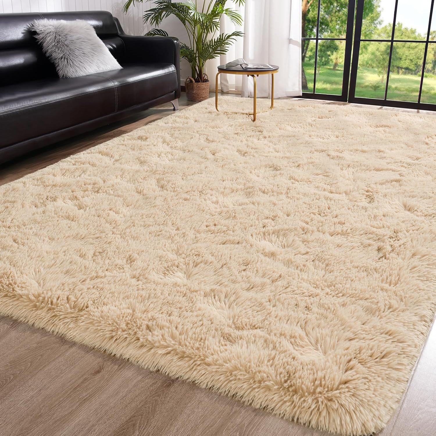 Toneed Fluffy Bedroom Rug, 4 x 6 Feet Shaggy Area Rug Modern Furry Rug Plush Fuzzy Carpet for Living Room Kids Room Nursery Kindergarten Home Decorative, Beige