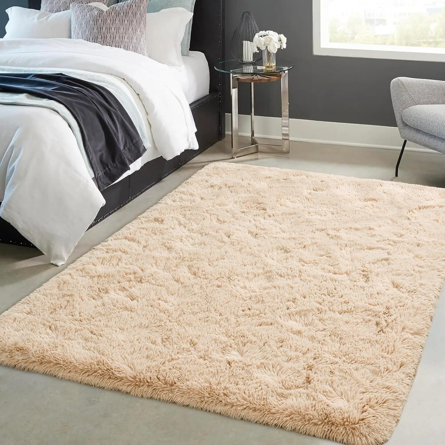 Toneed Fluffy Bedroom Rug, 4 x 6 Feet Shaggy Area Rug Modern Furry Rug Plush Fuzzy Carpet for Living Room Kids Room Nursery Kindergarten Home Decorative, Beige - Image 2