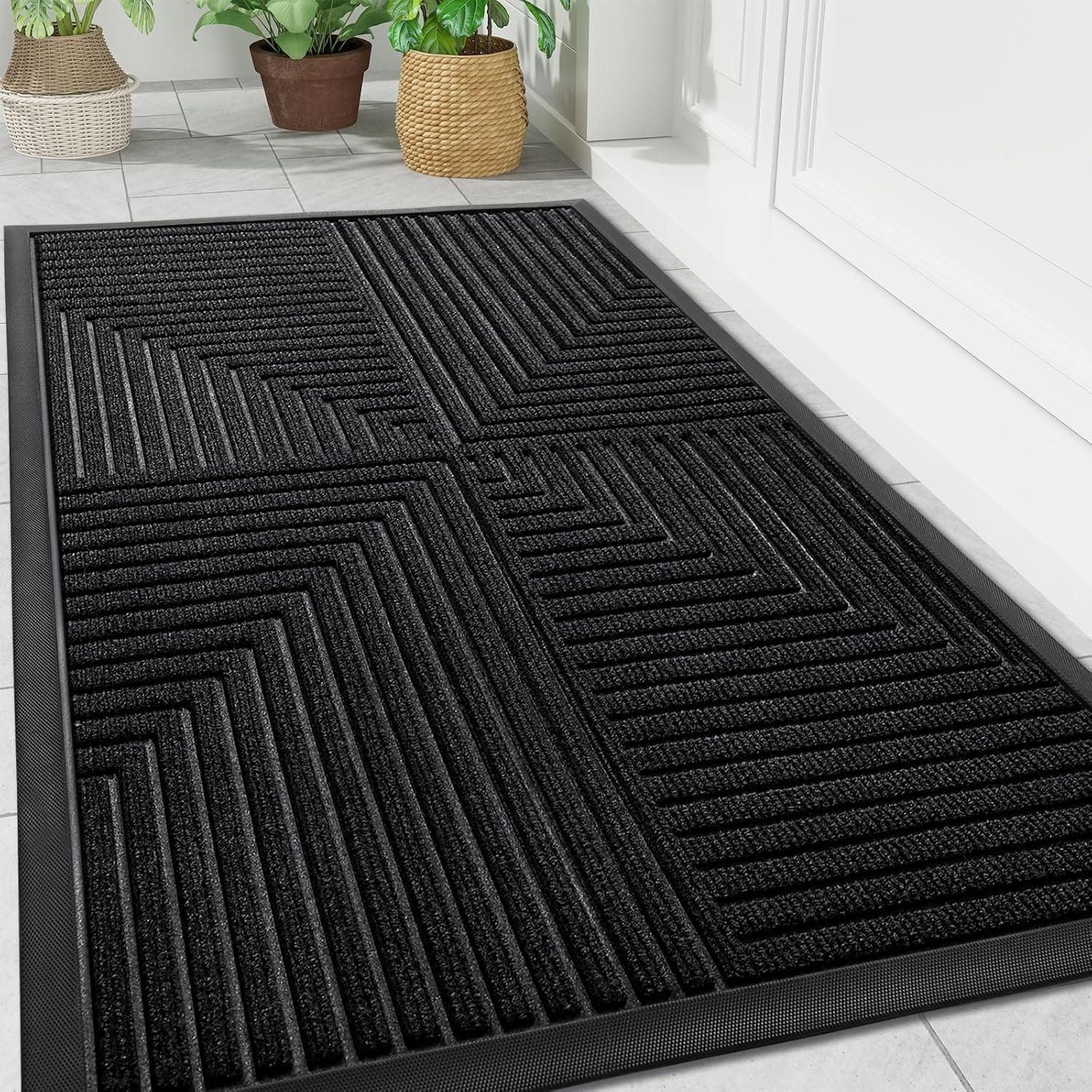 Front Door Mat Indoor Outdoor Entrance, Heavy Duty Non-Slip Rubber Doormats, Low Profile, Easy Clean, Entryway Floor Mats for Outside, Garages and Patios, 36x24, Black