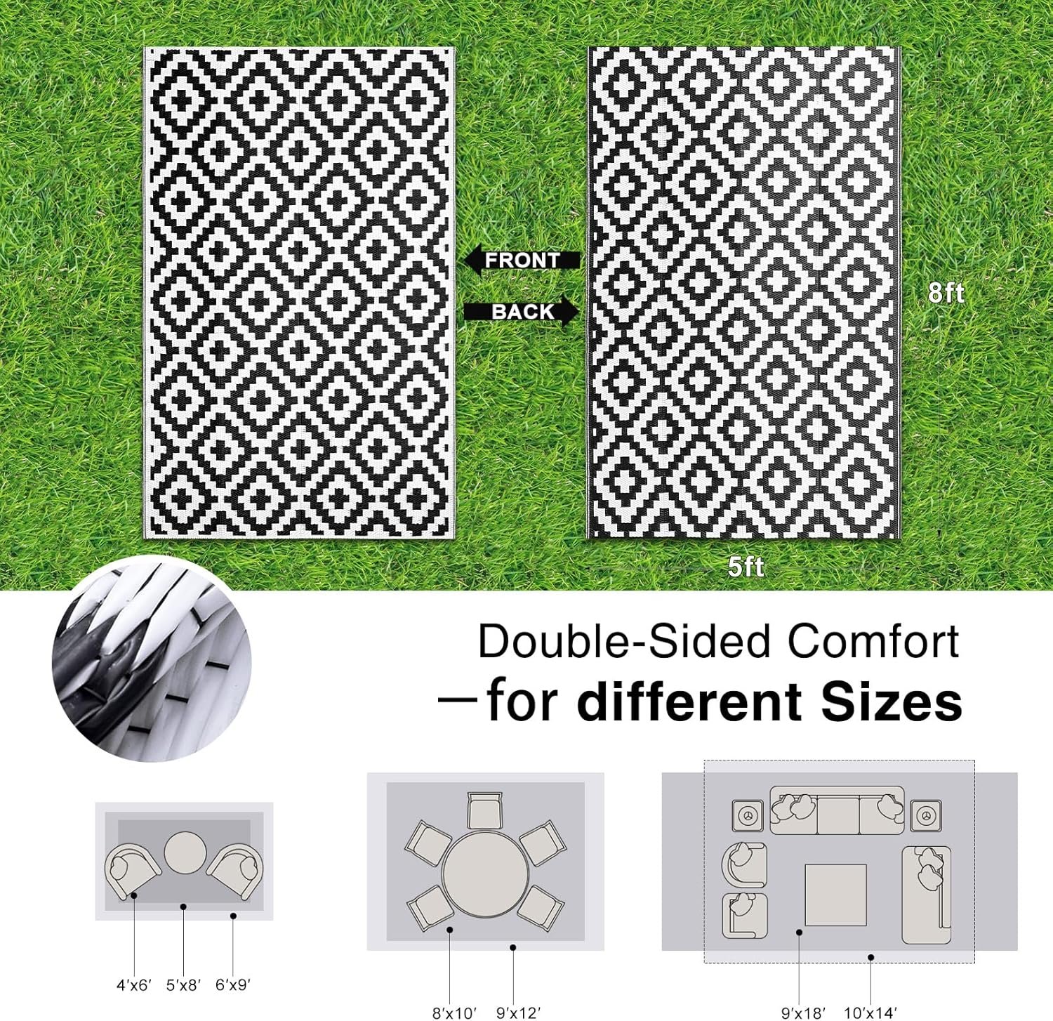 Waterproof Outdoor Rug 5x8 ft, Outdoor Plastic Straw Rug for Camping, RV Mat Outside, Indoor Outdoor Carpet for Porch, Deck, Backyard, Balcony, Picnic, Black & White - Image 2